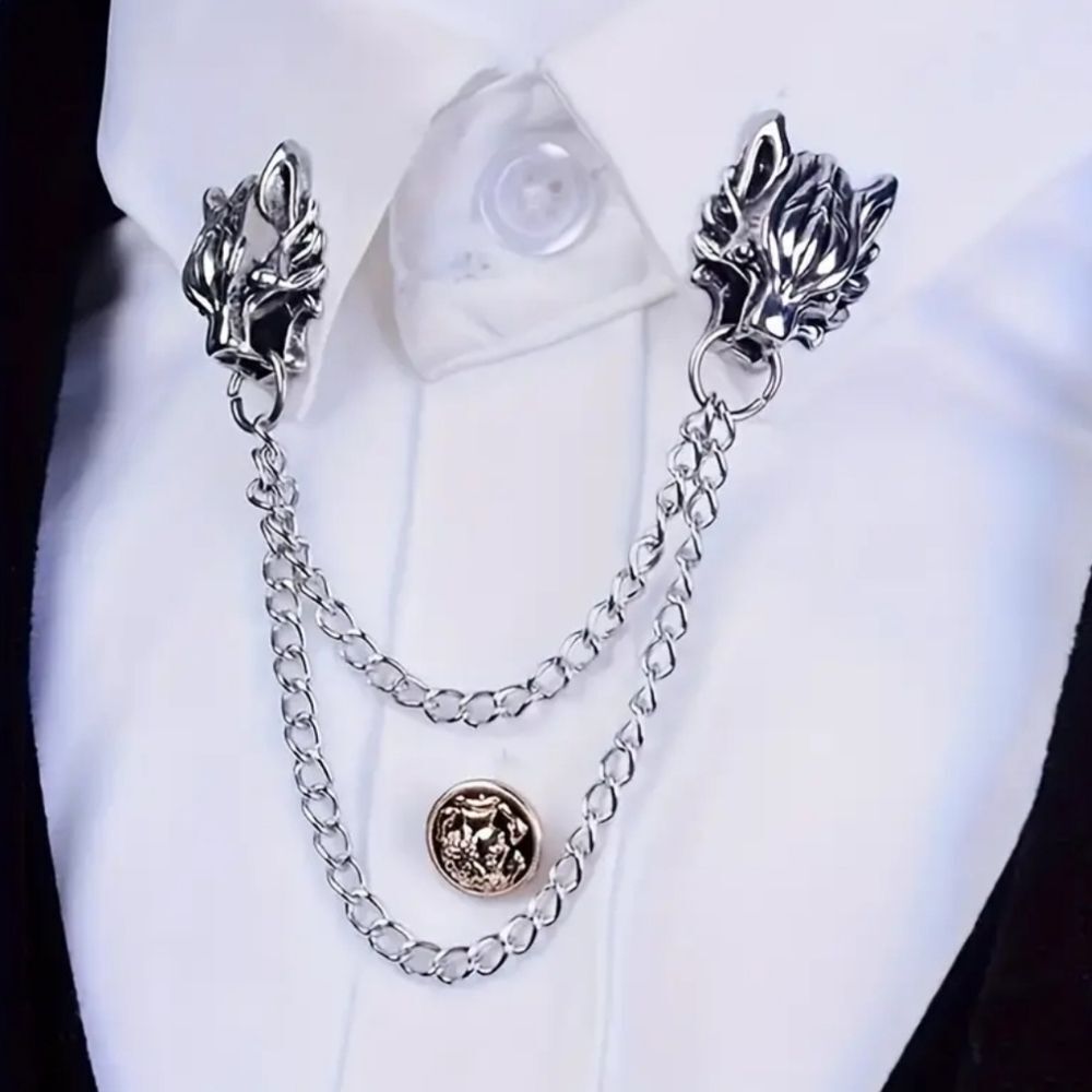 Fenrir Wolf Collar Chain Brooch Viking Celtic Gothic Sweater Clip Silver Fantasy